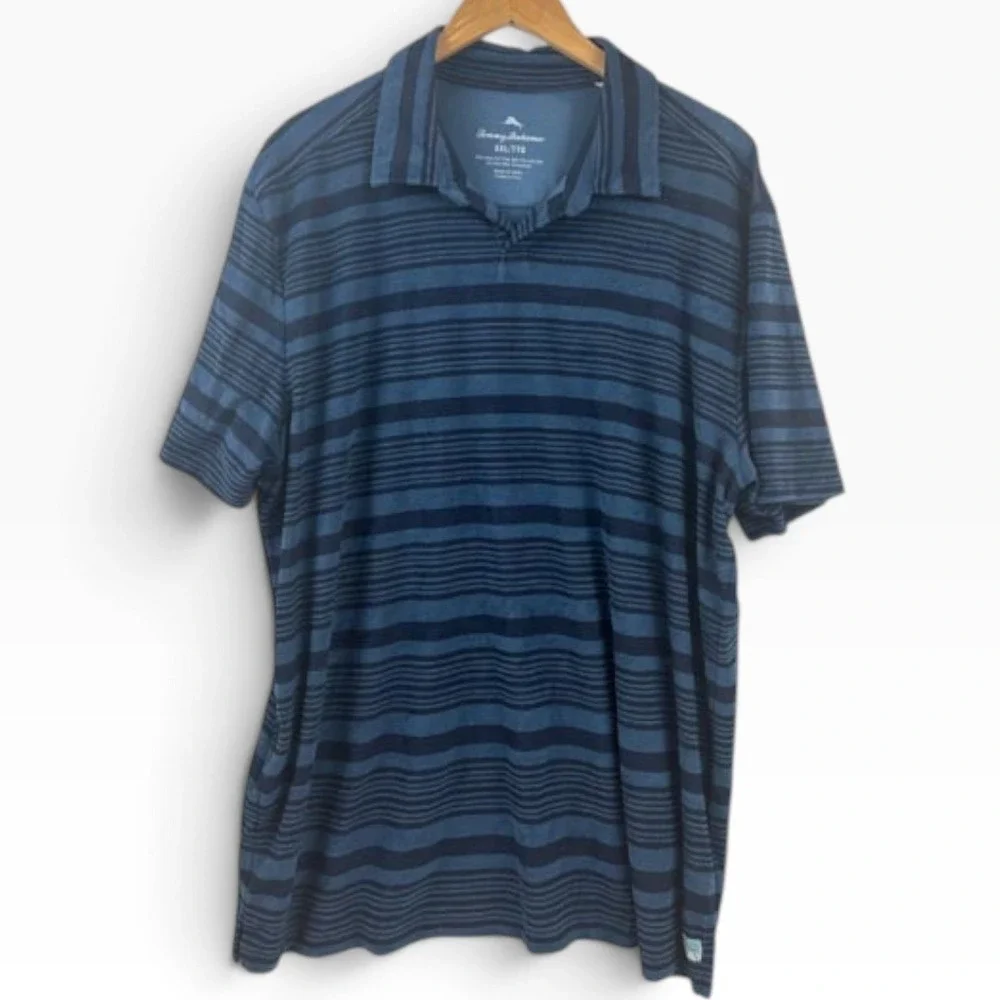 Tommy Bahama Relax Mens XXL Blue Striped Short Sleeve Pima Cotton Blend Polo